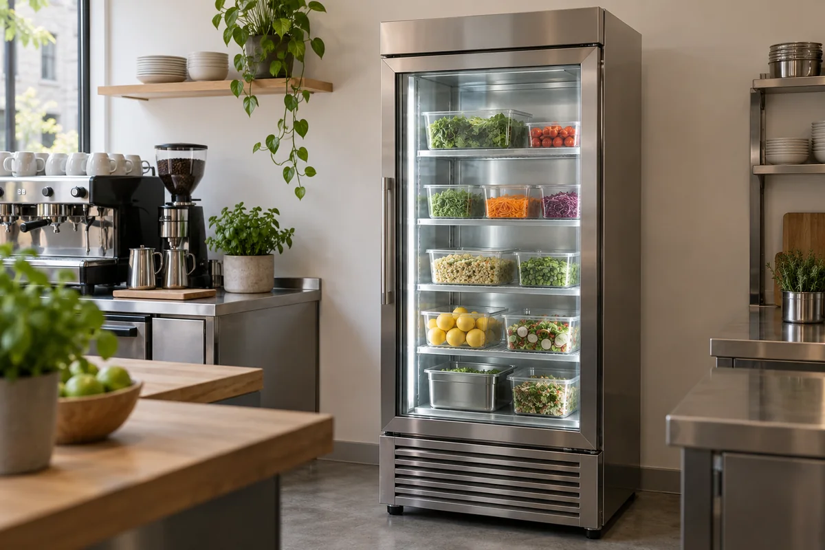 Illustration of a commercial refrigerated cabinet in a cafe