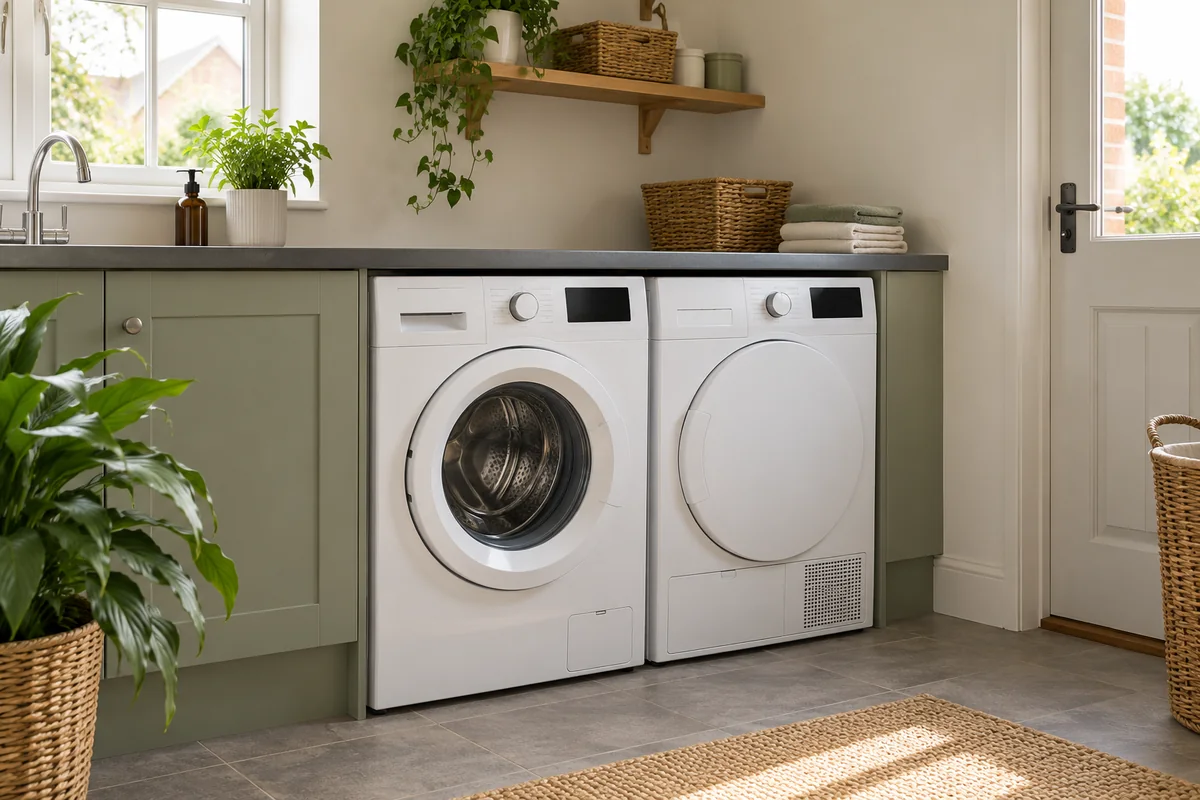 Illustration of a washing machine and tumble dryer in a utility room
